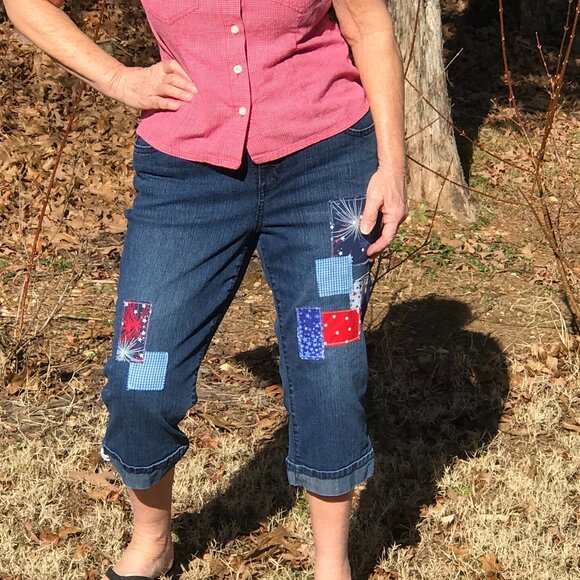 Upcycled Patchwork Jean Capris: Patriotic Theme Cropped Pants 4th of July, 12P - Picture 5 of 12